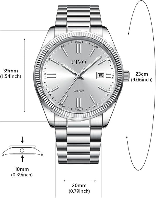 CIVO Analog Mens Watches Silver: Wrist Watches with Date Easy to Read