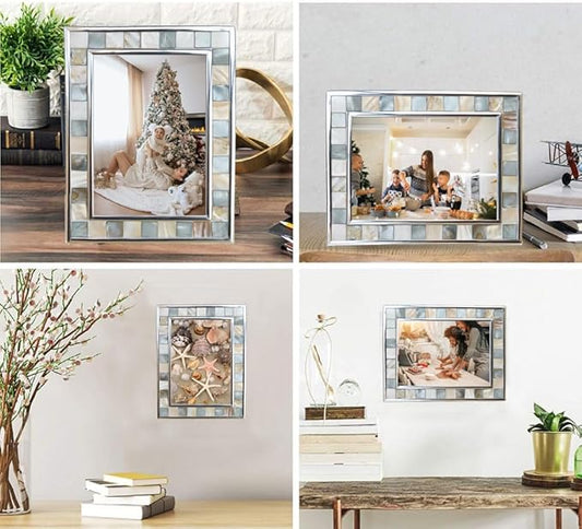 GIFTME 5 Silver Plate Picture Frame 5x7 Mother of Pearl 5 by 7 Photo Frame Mosaic Glass Tabletop Frame (Grey+ White,1pc)
