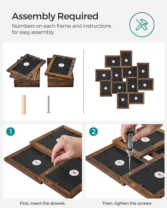 SONGMICS 4x6 Collage Picture Frames, 12-Pack Photo Collage Frame for Wall Decor, Glass Front, Assembly Required, Rustic Brown URPF022X01