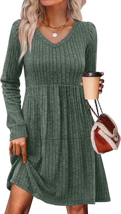 SAMPEEL Womens V Neck Long Sleeve Fall Dresses Baby Doll Casual Sweater Dress Fashion Clothes