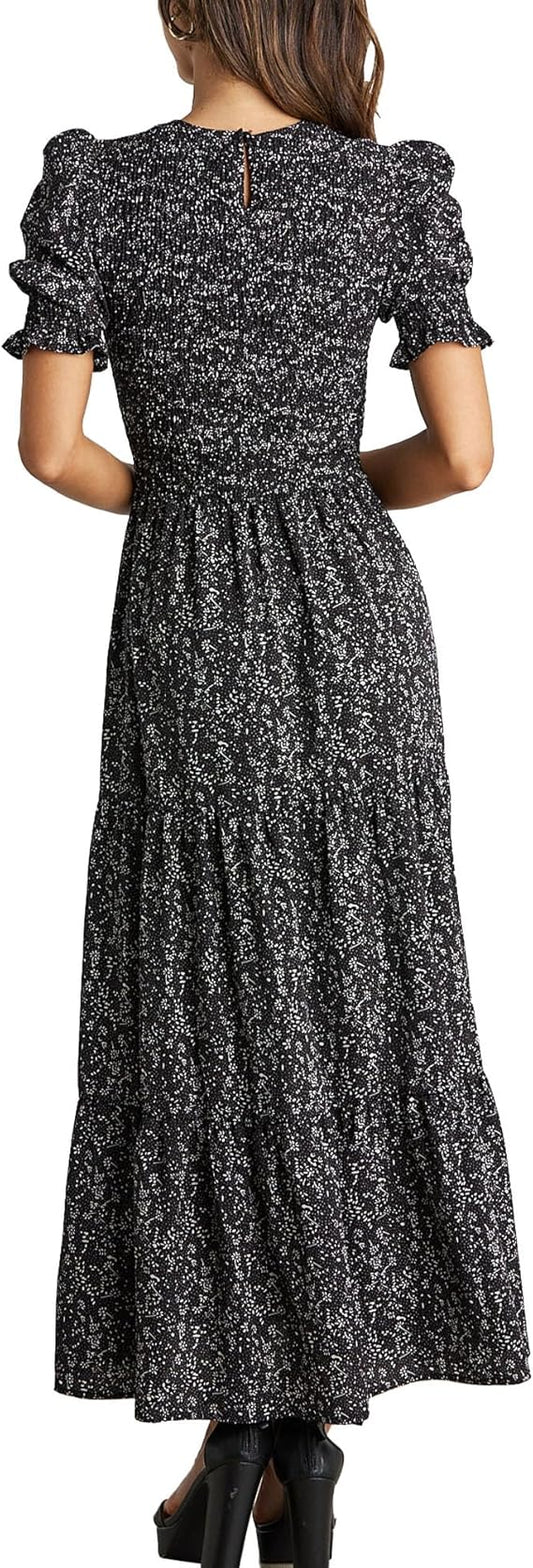 BTFBM Women Casual Summer Dresses 2025 Spring Crew Neck Ruffle Short Sleeve Floral Print Smocked Boho Flowy Maxi Dress