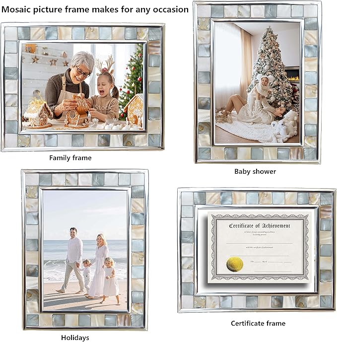 GIFTME 5 Silver Plate Picture Frame 5x7 Mother of Pearl 5 by 7 Photo Frame Mosaic Glass Tabletop Frame (Grey+ White,1pc)