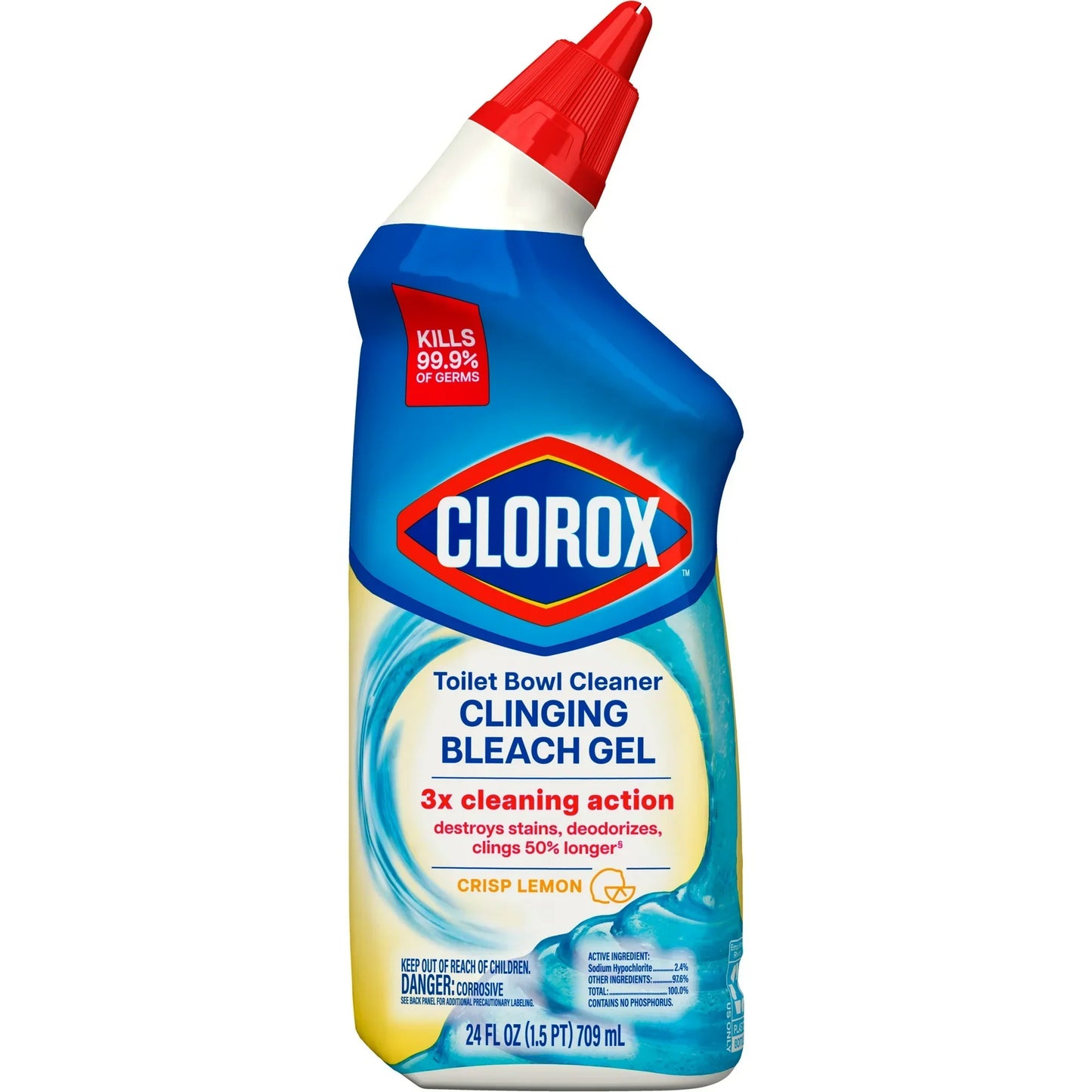 Clorox Toilet Bowl Cleaner Clinging Bleach Gel, Crisp Lemon, 24 fl oz