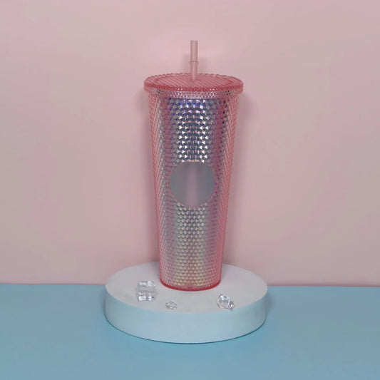 Diamond Pattern Double Layer Plastic Straw Cup with Gradient Color for Outdoor Travel Sports Drinkware Camping Gifts New