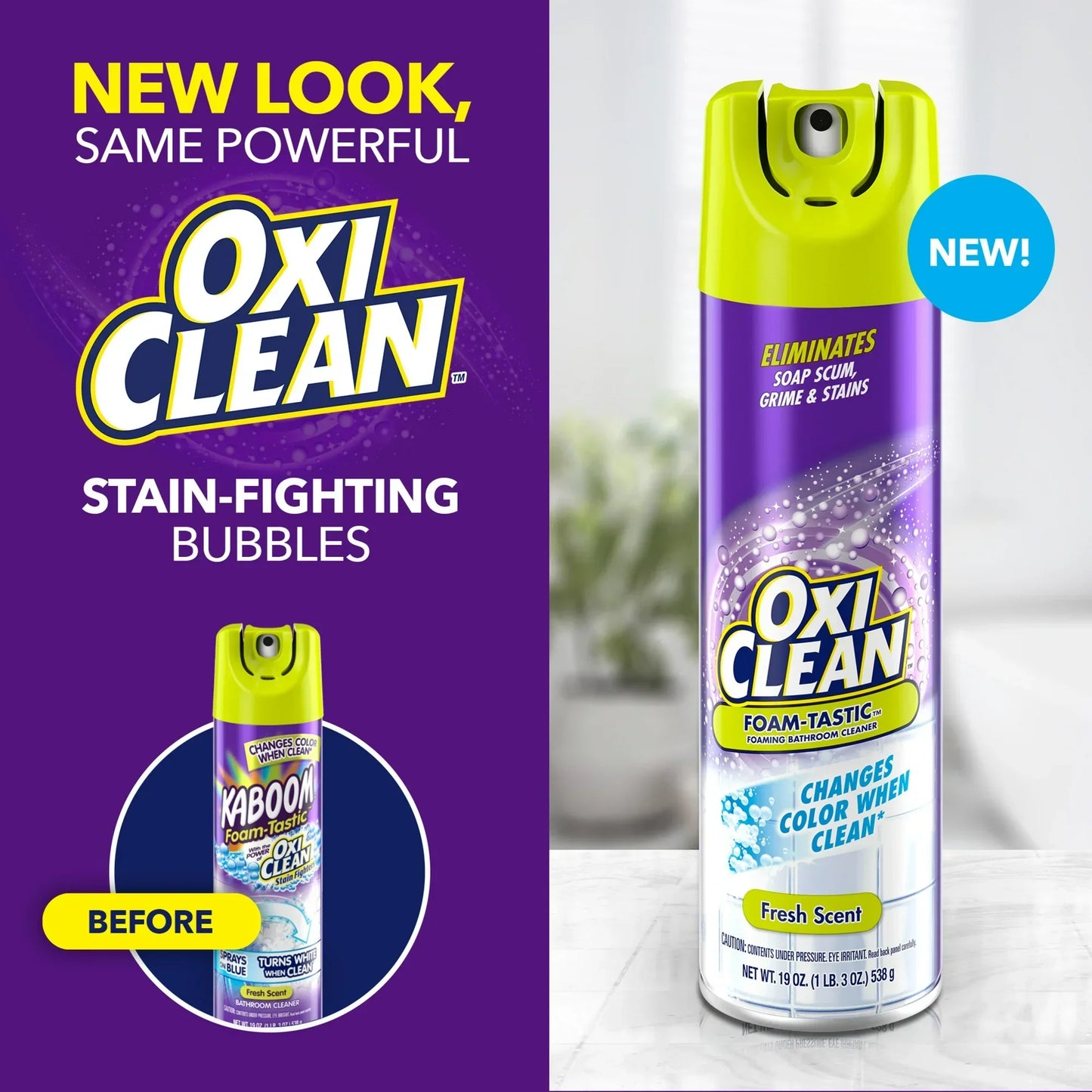 OxiClean Foam-Tastic Foaming Bathroom Cleaner, Removes Soap Scum, Grime & Stains, Fresh Scent, 19 oz