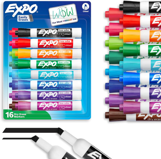 Low Odor Dry Erase Markers Assorted Colors Chisel Tip - Pack of 16