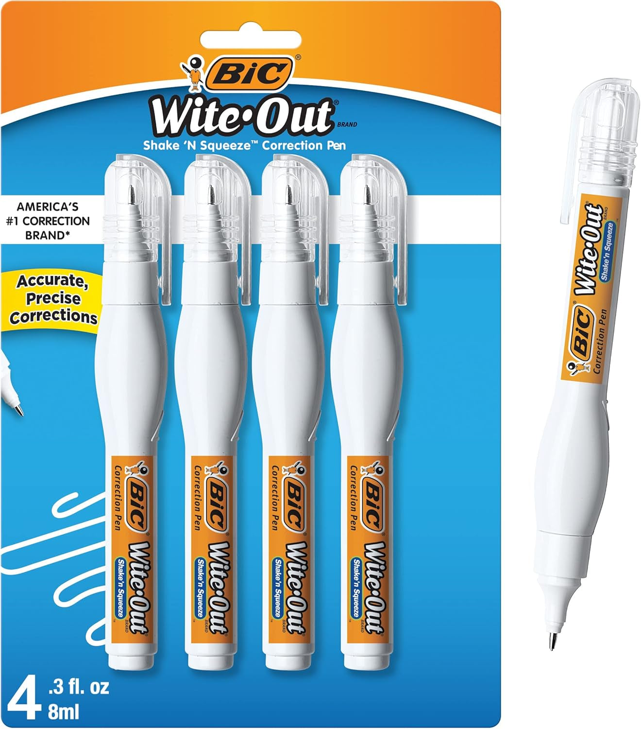 Wite-Out Brand Shake 'N Squeeze Correction Pen, 8 ML Correction Fluid, 4-Count Pack of White Correction Pens, Fast, Clean and Easy to Use Pen Office or School Supplies