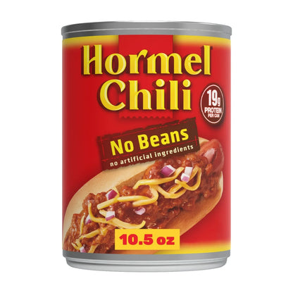 HORMEL Chili, Beef and Pork, No Beans Canned Chili, No Artificial Ingredients, Shelf-Stable, 10.5 oz Steel Can