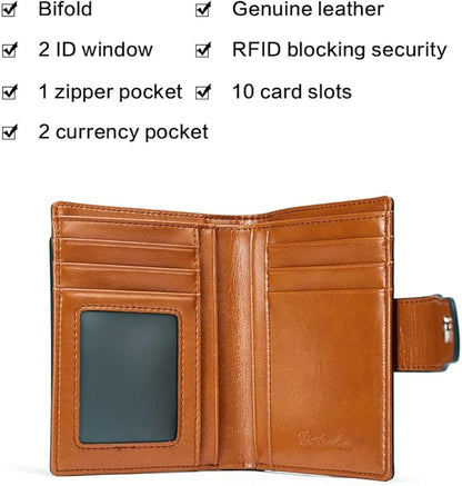 BOSTANTEN Women Leather Wallet RFID Blocking Small Bifold Zipper Pocket Wallet Card Case Purse with ID Window
