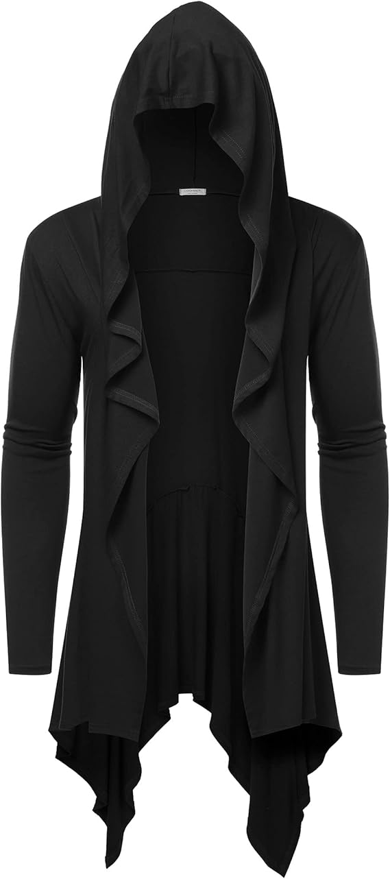 COOFANDY Long Hooded Cardigan Ruffle Shawl Collar Open Front