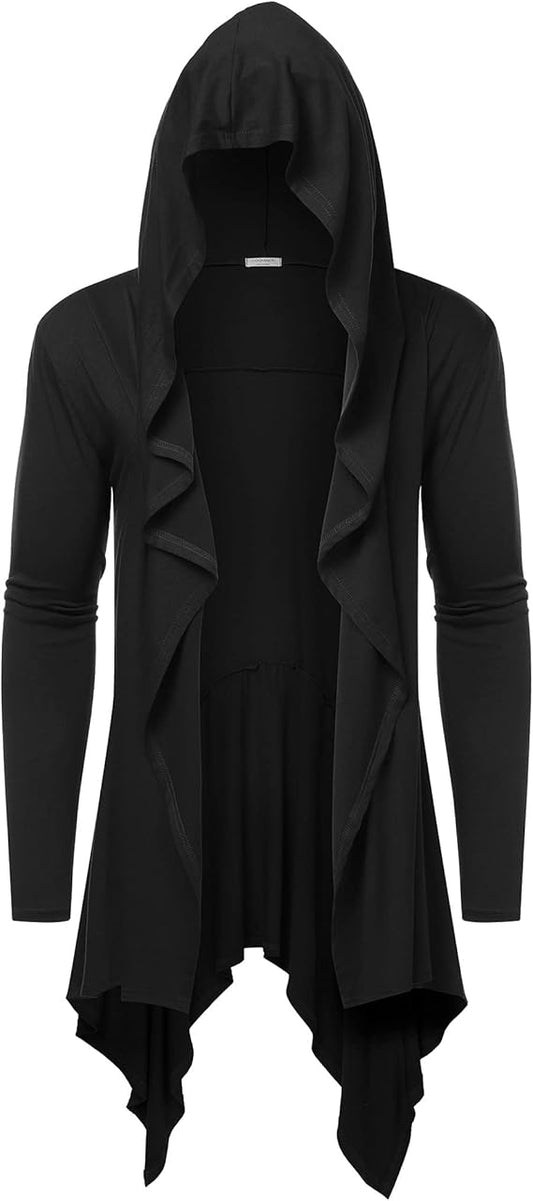 COOFANDY Long Hooded Cardigan Ruffle Shawl Collar Open Front