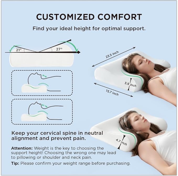 Bedsure Cervical Neck Pillow for Sleeping, Memory Foam with Cool-Touch Ice Pillowcases, Ergonomic Contour Pain Relief, Orthopedic Pillow for Neck Support for Side, Back, Stomach Sleepers ﻿