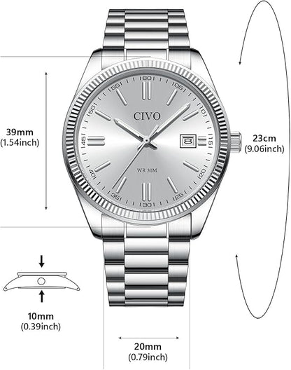 CIVO Analog Mens Watches Silver: Wrist Watches with Date Easy to Read