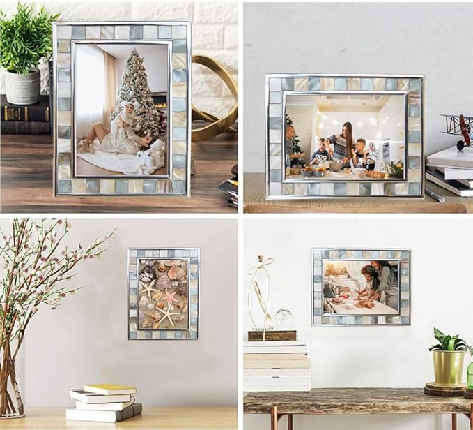 GIFTME 5 Silver Plate Picture Frame 5x7 Mother of Pearl 5 by 7 Photo Frame Mosaic Glass Tabletop Frame (Grey+ White,1pc)