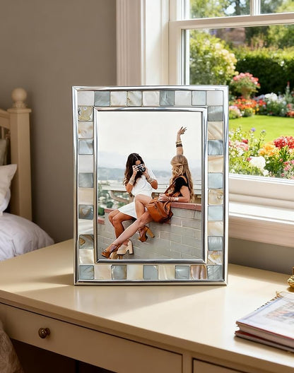 GIFTME 5 Silver Plate Picture Frame 5x7 Mother of Pearl 5 by 7 Photo Frame Mosaic Glass Tabletop Frame (Grey+ White,1pc)