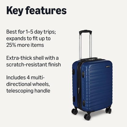 Basics 21" Hardside Carry-On Luggage, Hardshell Suitcase With Wheels, Expandable For Up to 25% More Space, With Scratch-Resistant Surface, Four Multi-directional Wheels, Navy Blue