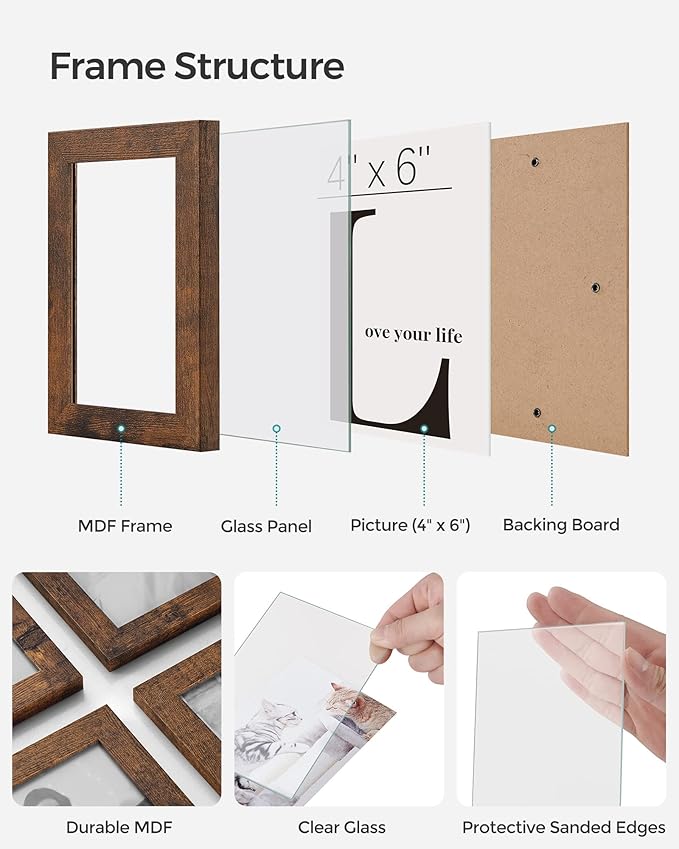SONGMICS 4x6 Collage Picture Frames, 12-Pack Photo Collage Frame for Wall Decor, Glass Front, Assembly Required, Rustic Brown URPF022X01