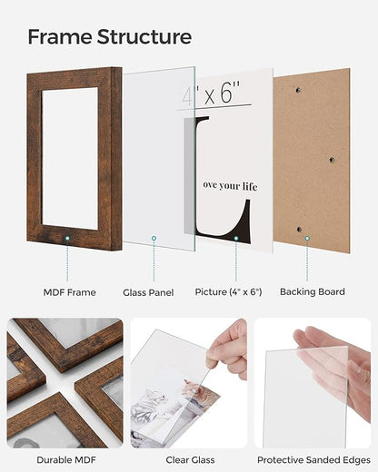 SONGMICS 4x6 Collage Picture Frames, 12-Pack Photo Collage Frame for Wall Decor, Glass Front, Assembly Required, Rustic Brown URPF022X01