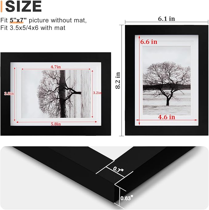 Egofine 5x7 Picture Frames Set of 4, Made of Solid Wood Covered by Plexiglass 3.5x5 and 4x6 with Mat or 5x7 without Mat, for Table Top Display and Wall Mounting Photo Frame Black