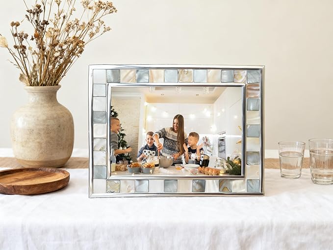 GIFTME 5 Silver Plate Picture Frame 5x7 Mother of Pearl 5 by 7 Photo Frame Mosaic Glass Tabletop Frame (Grey+ White,1pc)
