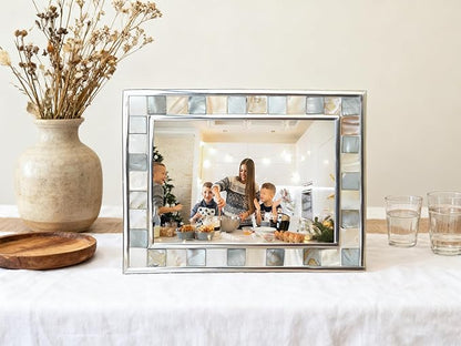 GIFTME 5 Silver Plate Picture Frame 5x7 Mother of Pearl 5 by 7 Photo Frame Mosaic Glass Tabletop Frame (Grey+ White,1pc)