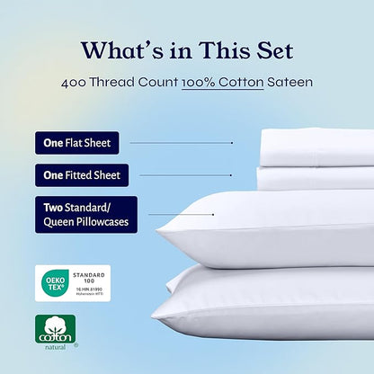California Design Den Natural 100% Cotton Sheets Queen Size Bed Set - Soft 400 Thread Count Sateen, Queen Sheets, Deep Pockets with All Around Elastic for a Snug Fit, Cool & Durable Bedding - White