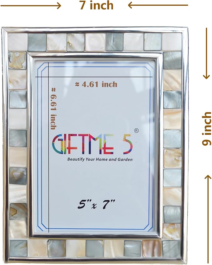 GIFTME 5 Silver Plate Picture Frame 5x7 Mother of Pearl 5 by 7 Photo Frame Mosaic Glass Tabletop Frame (Grey+ White,1pc)