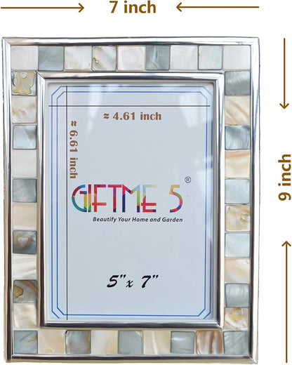GIFTME 5 Silver Plate Picture Frame 5x7 Mother of Pearl 5 by 7 Photo Frame Mosaic Glass Tabletop Frame (Grey+ White,1pc)