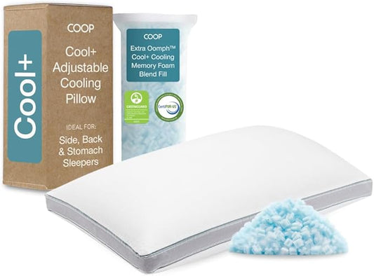 Coop Home Goods Cool+ Adjustable Pillow, Queen Size Plus Shaped Memory Foam Pillows with Cooling Gel, Back, Stomach or Side Sleeper, Neck Support for Sleeping, CertiPUR-US/GREENGUARD Gold
