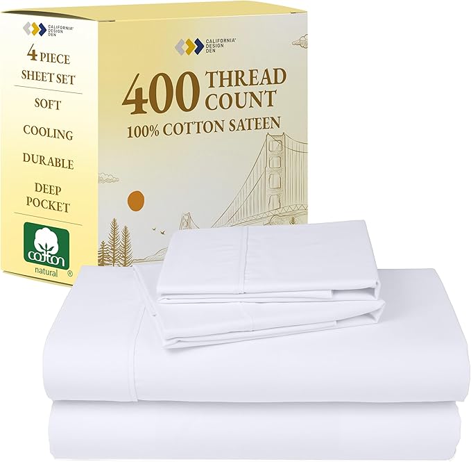 California Design Den Natural 100% Cotton Sheets Queen Size Bed Set - Soft 400 Thread Count Sateen, Queen Sheets, Deep Pockets with All Around Elastic for a Snug Fit, Cool & Durable Bedding - White