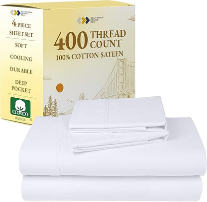 California Design Den Natural 100% Cotton Sheets Queen Size Bed Set - Soft 400 Thread Count Sateen, Queen Sheets, Deep Pockets with All Around Elastic for a Snug Fit, Cool & Durable Bedding - White