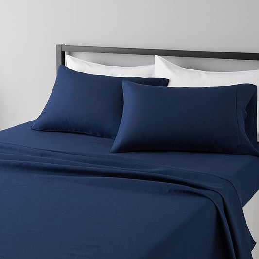 Amazon Basics Lightweight Super Soft Easy Care Microfiber 4 Piece Bed Sheet Set with 14-Inch Deep Pockets, Full, Navy Blue, Solid