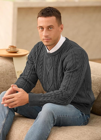RQP Mens Crewneck Sweater Cable Knit Sweater Classic Fisherman Pullover Sweater