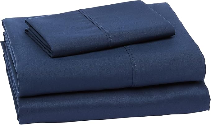 Amazon Basics Lightweight Super Soft Easy Care Wrinkle Free Microfiber 3 Piece Bed Sheet Set with 14-Inch Deep Pockets, Twin, Navy Blue, Solid, Kids, Men & Women Bedding
