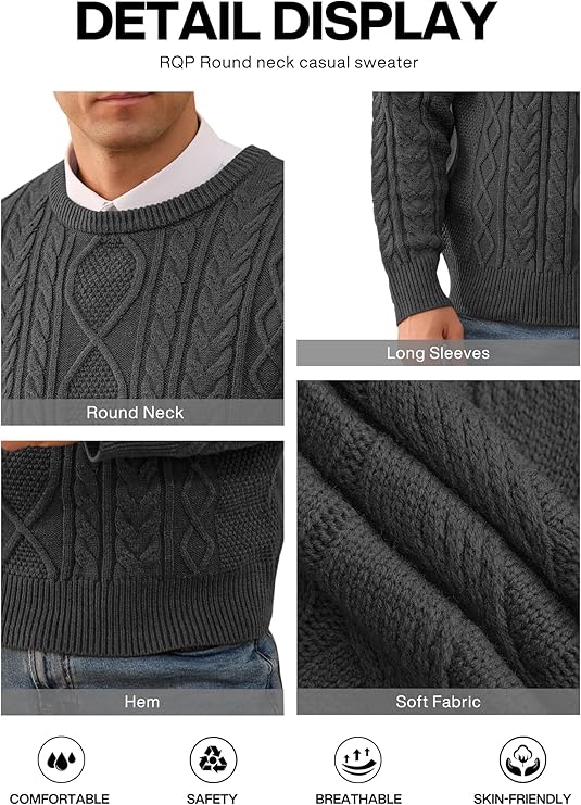 RQP Mens Crewneck Sweater Cable Knit Sweater Classic Fisherman Pullover Sweater