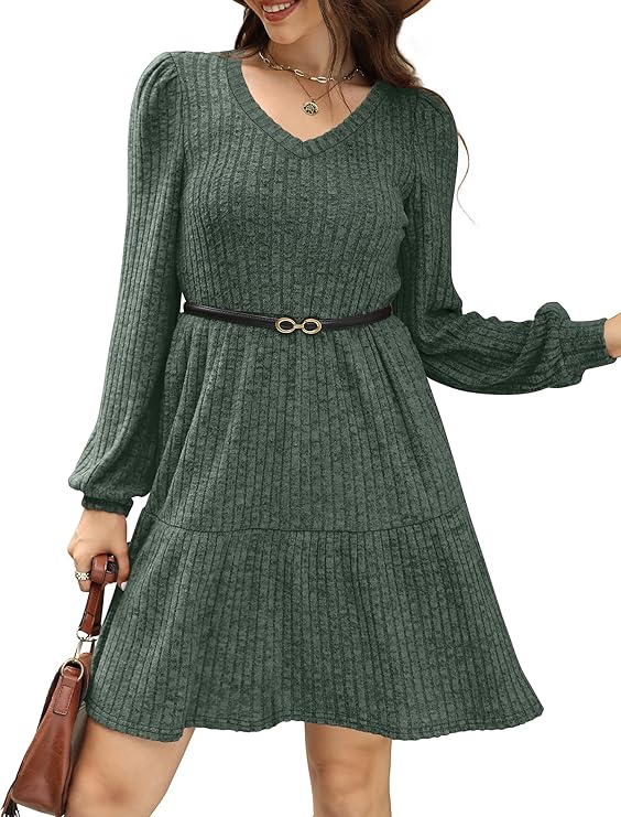 SAMPEEL Womens V Neck Long Sleeve Fall Dresses Baby Doll Casual Sweater Dress Fashion Clothes