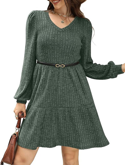 SAMPEEL Womens V Neck Long Sleeve Fall Dresses Baby Doll Casual Sweater Dress Fashion Clothes