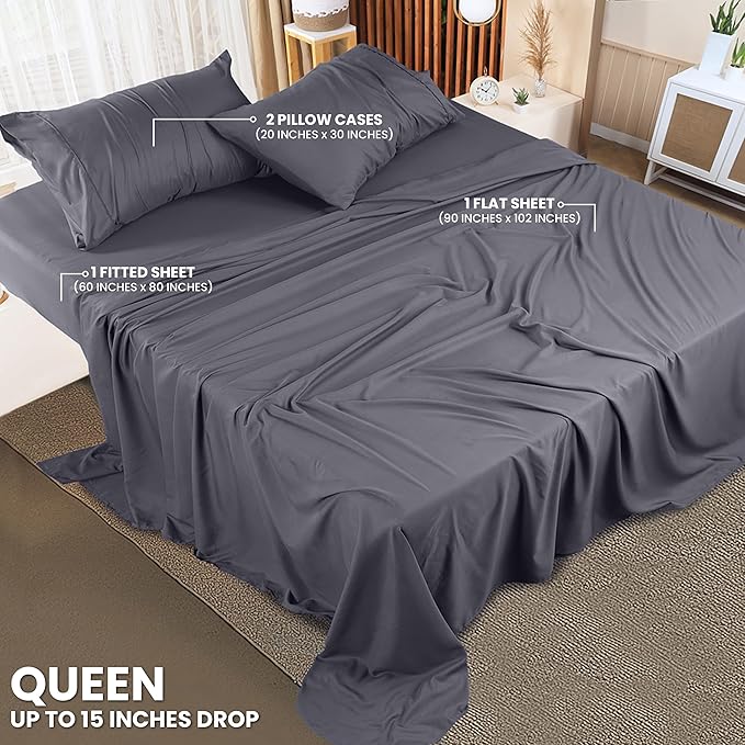 Utopia Bedding Queen Sheet Set – 4 Piece Bed Sheets for Queen Size Bed, Soft and Breathable Microfiber, Includes 1 Fitted Sheet, 1 Flat Sheet and 2 Pillowcases (Grey)
