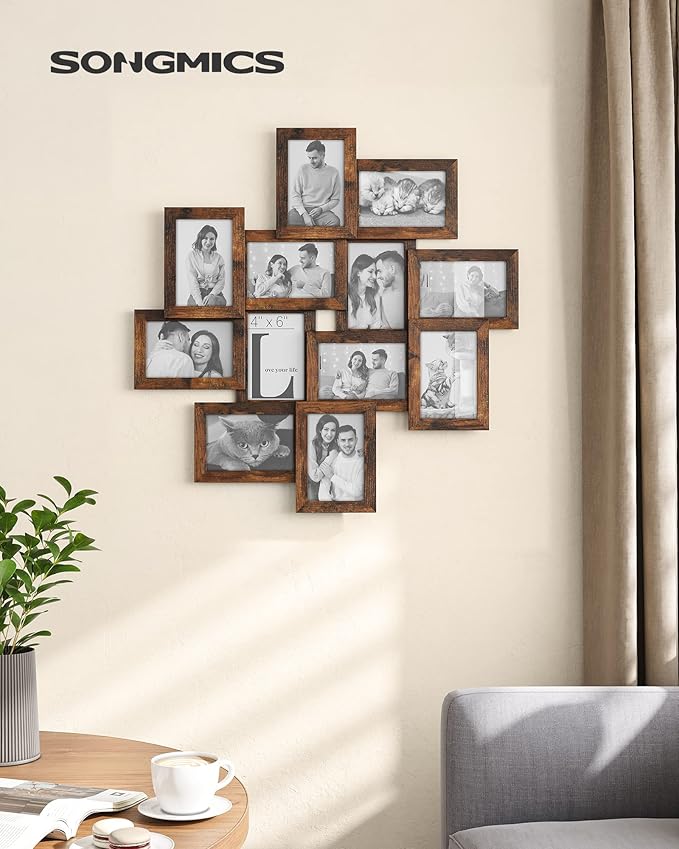 SONGMICS 4x6 Collage Picture Frames, 12-Pack Photo Collage Frame for Wall Decor, Glass Front, Assembly Required, Rustic Brown URPF022X01