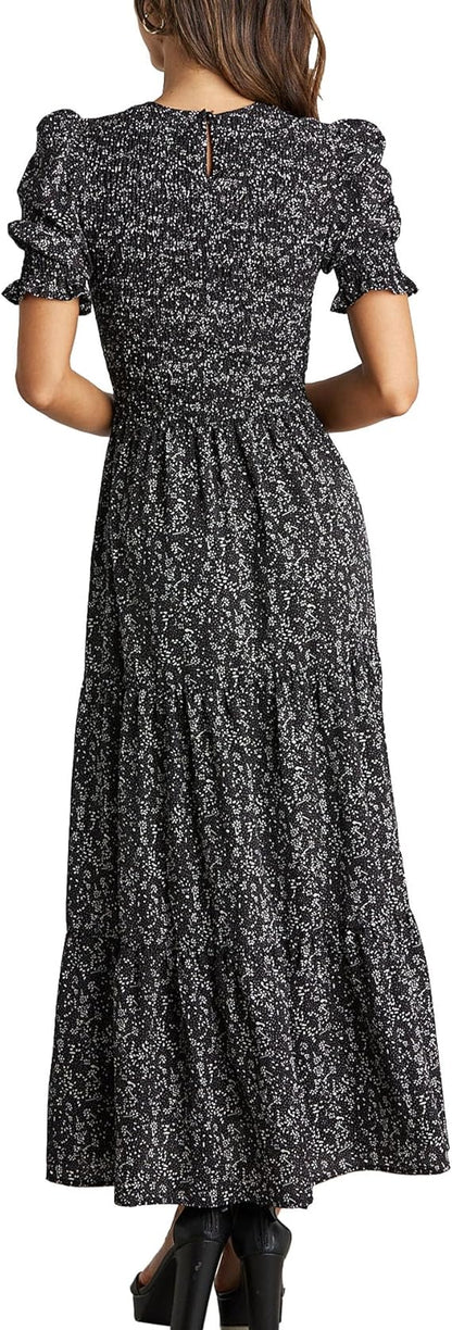 BTFBM Women Casual Summer Dresses 2025 Spring Crew Neck Ruffle Short Sleeve Floral Print Smocked Boho Flowy Maxi Dress