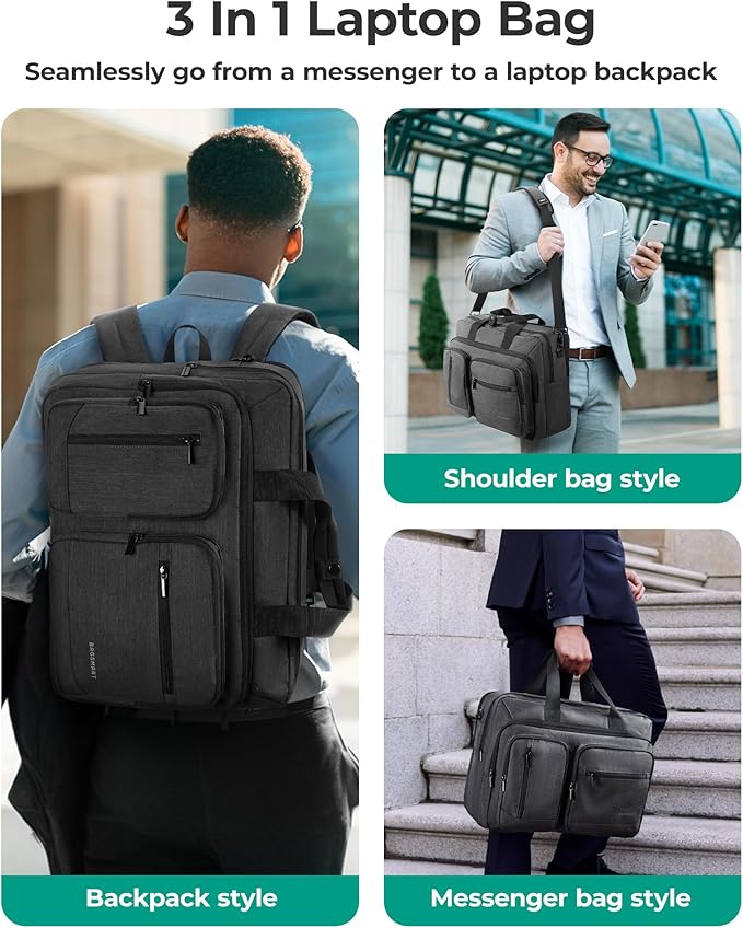 BAGSMART 3 In 1 Laptop Bag for Men, Computer Briefcase 17.3 Inch Laptop Water-Repellent Shoulder Bag, Computer Bag Business Travel Office, Black