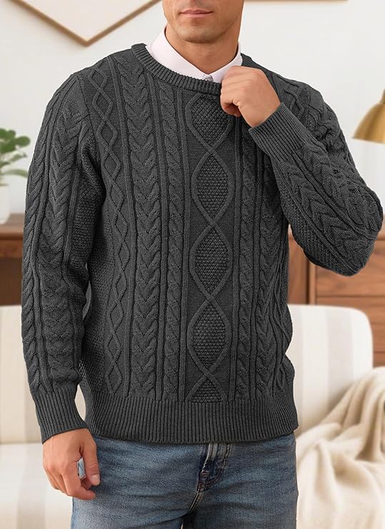RQP Mens Crewneck Sweater Cable Knit Sweater Classic Fisherman Pullover Sweater