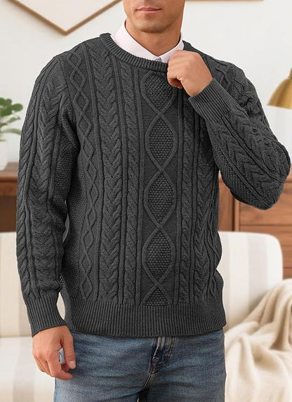 RQP Mens Crewneck Sweater Cable Knit Sweater Classic Fisherman Pullover Sweater