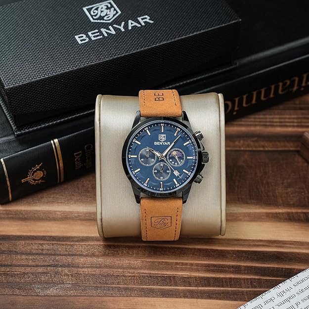 BY BENYAR Mens Watches Analog Quartz Chronograph Waterproof Wrist Watches for Men Fashion Business Work Casual Sport Designer Dress Watch with Calendar Elegant Gifts for Men