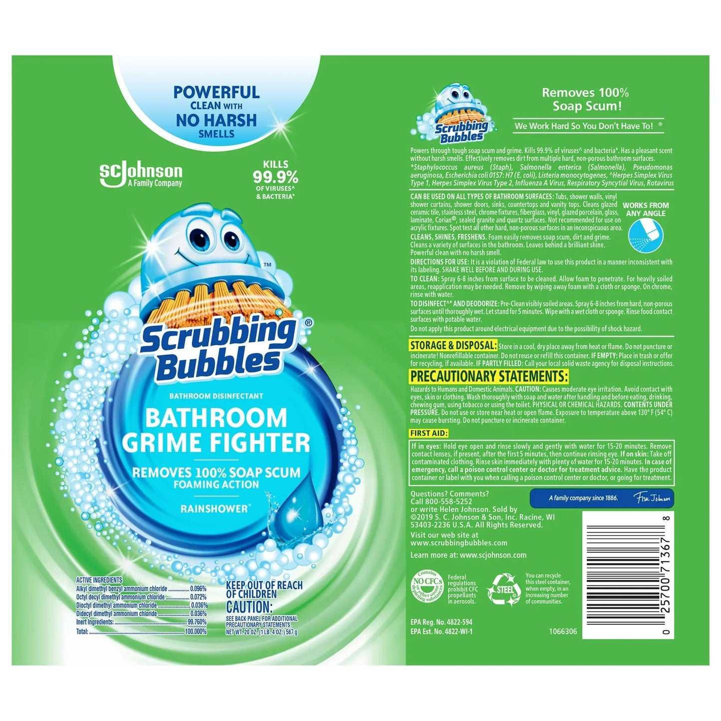 Scrubbing Bubbles Bathroom Grime Fighter Disinfectant Cleaner Aerosol, Rainshower, 20 oz, 1 Count