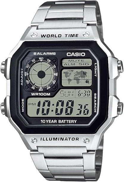 Casio AE1200WH Series | Men’s Digital Watch | 100M WR | Multi Alarms | 100 SEC Stopwatch | Countdown Timer | World Map for World Time | LED Light | LC Analog Display | 10 Year Battery