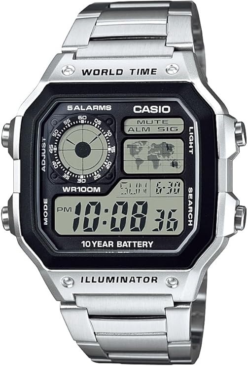 Casio AE1200WH Series | Men’s Digital Watch | 100M WR | Multi Alarms | 100 SEC Stopwatch | Countdown Timer | World Map for World Time | LED Light | LC Analog Display | 10 Year Battery