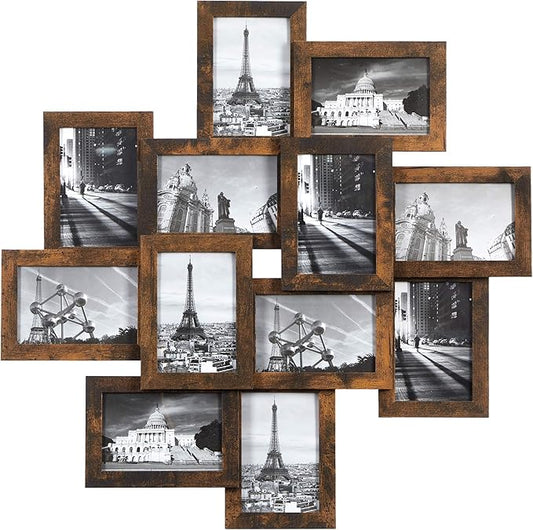 SONGMICS 4x6 Collage Picture Frames, 12-Pack Photo Collage Frame for Wall Decor, Glass Front, Assembly Required, Rustic Brown URPF022X01