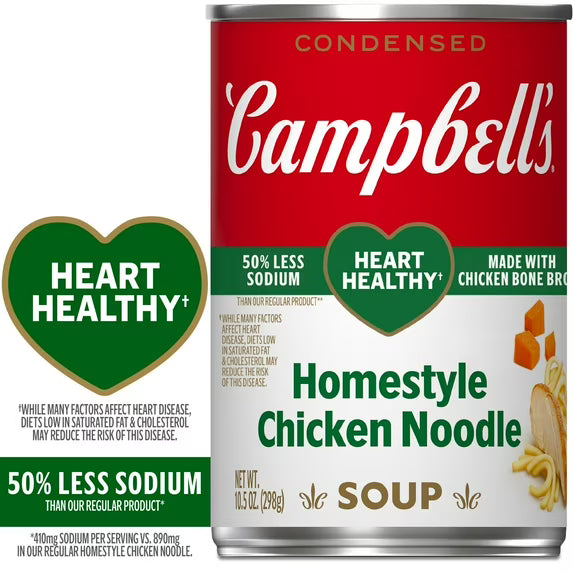 Campbell’s Condensed Heart Healthy Homestyle Chicken Noodle Soup, 50% Less Sodium, 10.5 oz Can