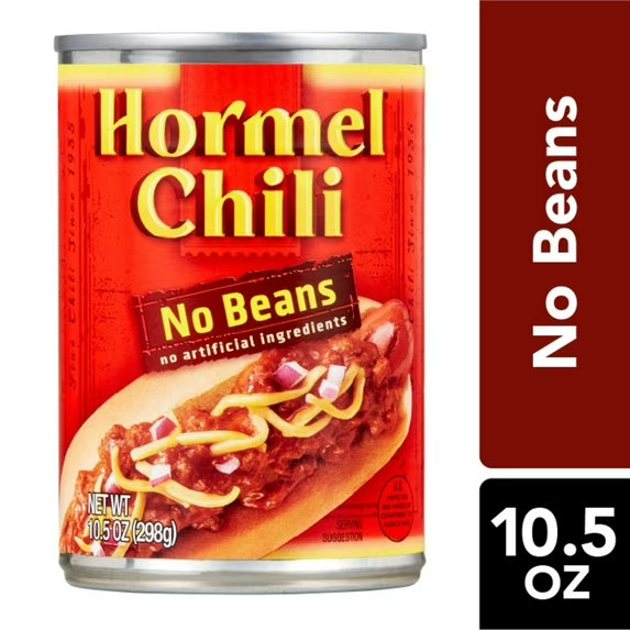 HORMEL Chili, Beef and Pork, No Beans Canned Chili, No Artificial Ingredients, Shelf-Stable, 10.5 oz Steel Can